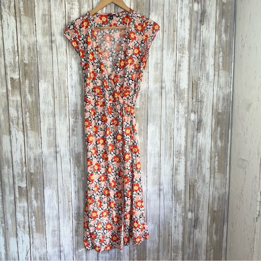 J.Crew Floral Wrap Midi Dress XXS Red Orange V Neck Summer Vacation Dress - Picture 3 of 9